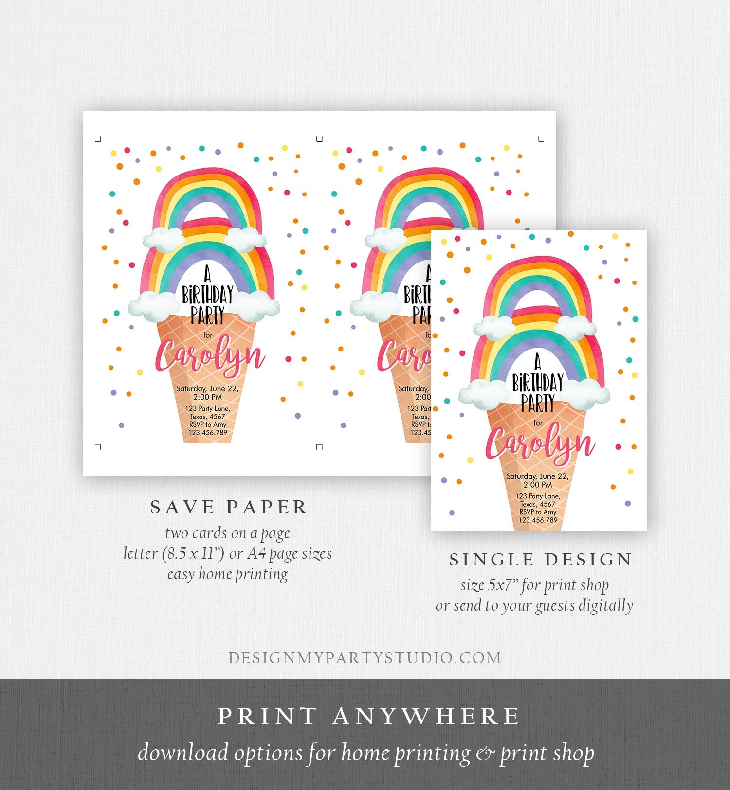 Editable Rainbow Ice Cream Birthday Invitation First Birthday Party Rainbow Party Cone Summer Rainbow Digital Template Printable 0243