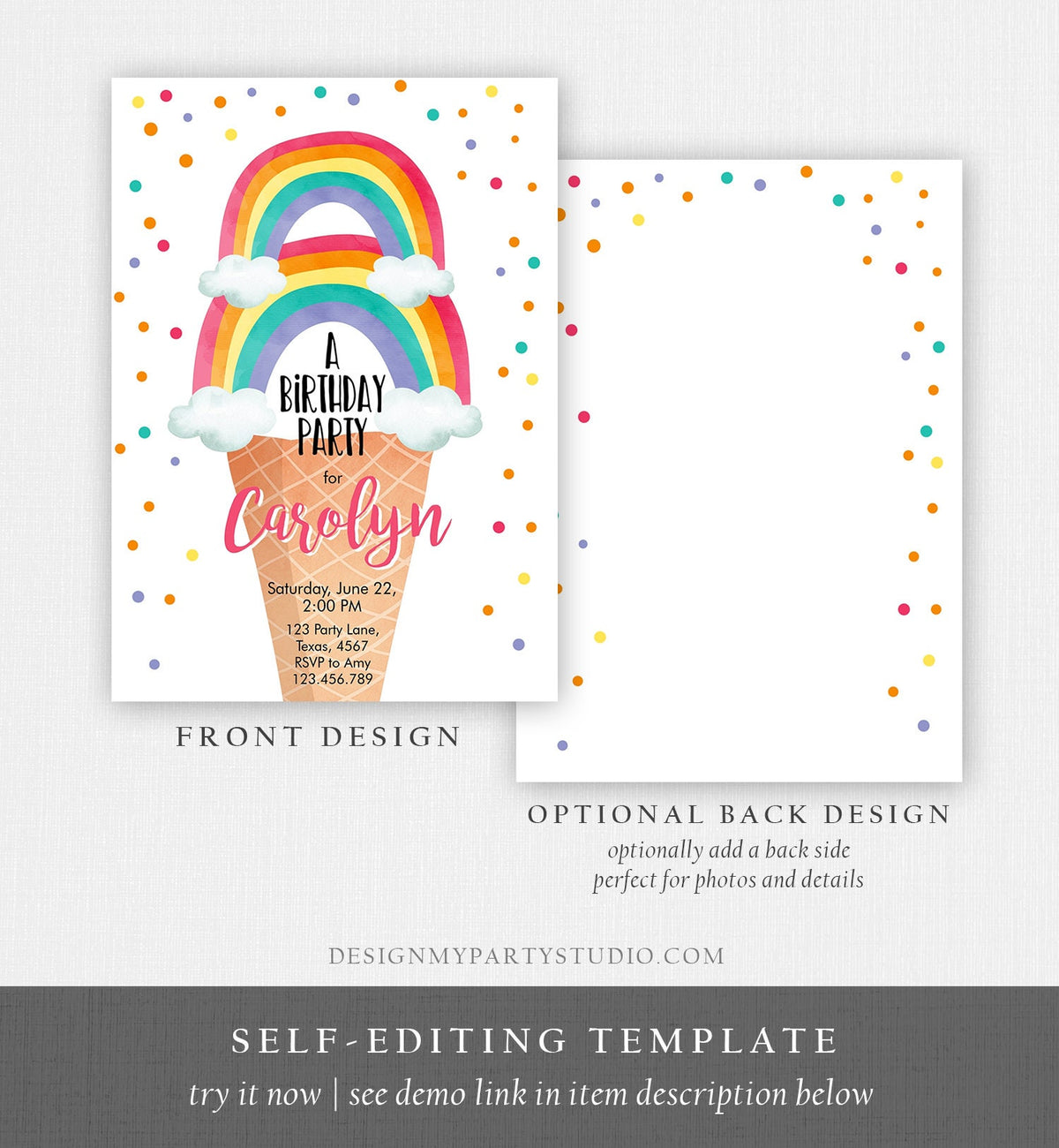 Editable Rainbow Ice Cream Birthday Invitation First Birthday Party Rainbow Party Cone Summer Rainbow Digital Template Printable 0243