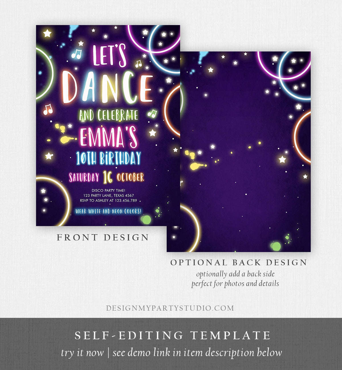 Editable Dance Party Birthday Invitation Disco Music Let&#39;s Dance Neon Glow In The Dark Party Girl Teen Pink Digital Template Printable 0172