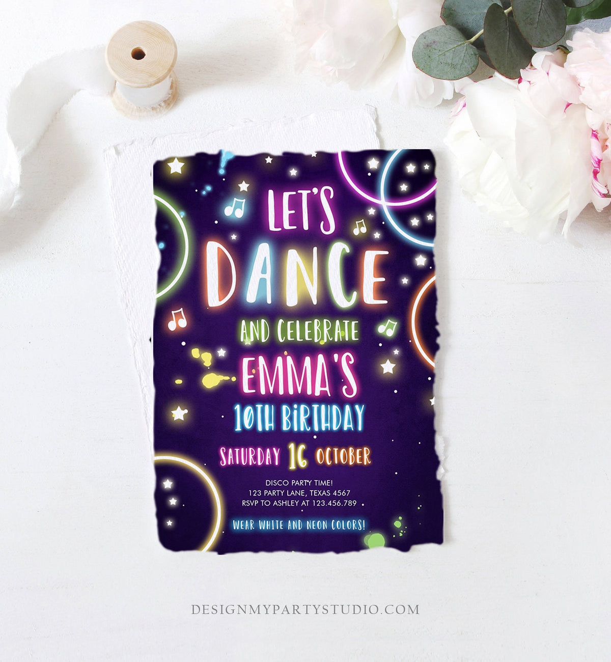 Editable Dance Party Birthday Invitation Disco Music Let&#39;s Dance Neon Glow In The Dark Party Girl Teen Pink Digital Template Printable 0172