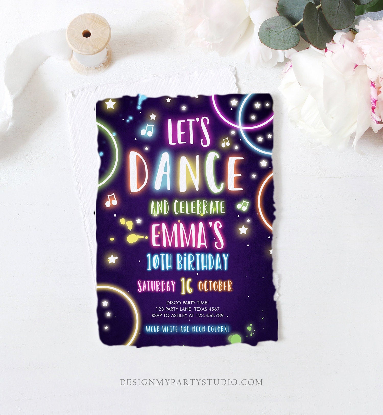 Editable Dance Party Birthday Invitation Disco Music Let's Dance Neon Glow In The Dark Party Girl Teen Pink Digital Template Printable 0172