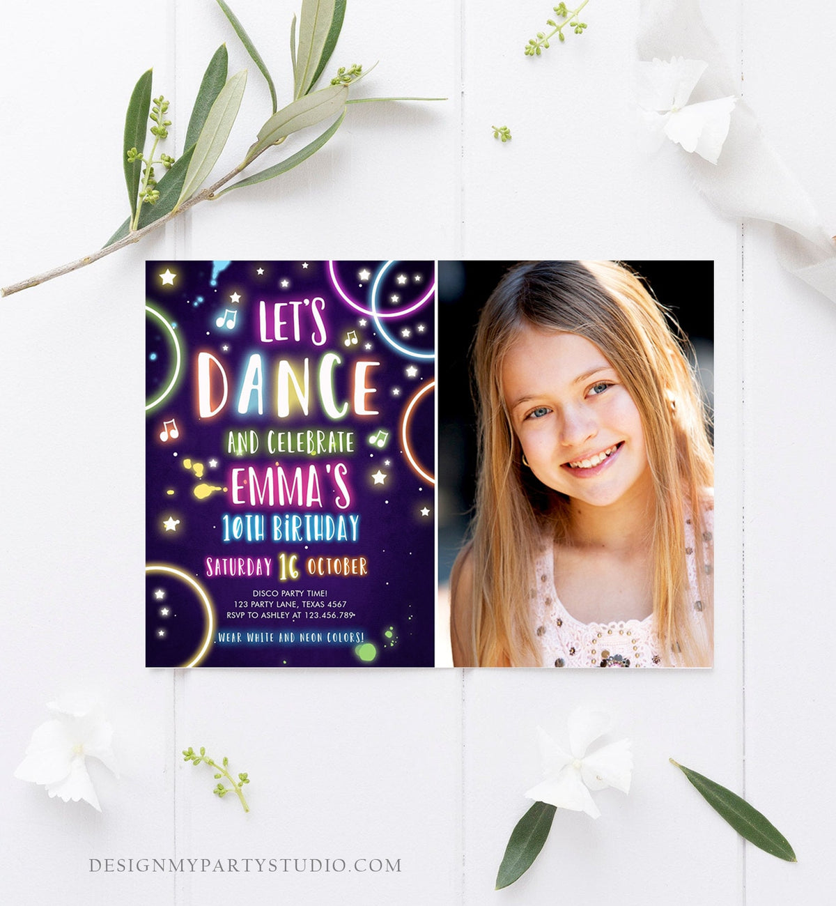 Editable Dance Party Birthday Invitation Disco Music Let&#39;s Dance Neon Glow In The Dark Party Girl Teen Pink Template Corjl Printable 0172