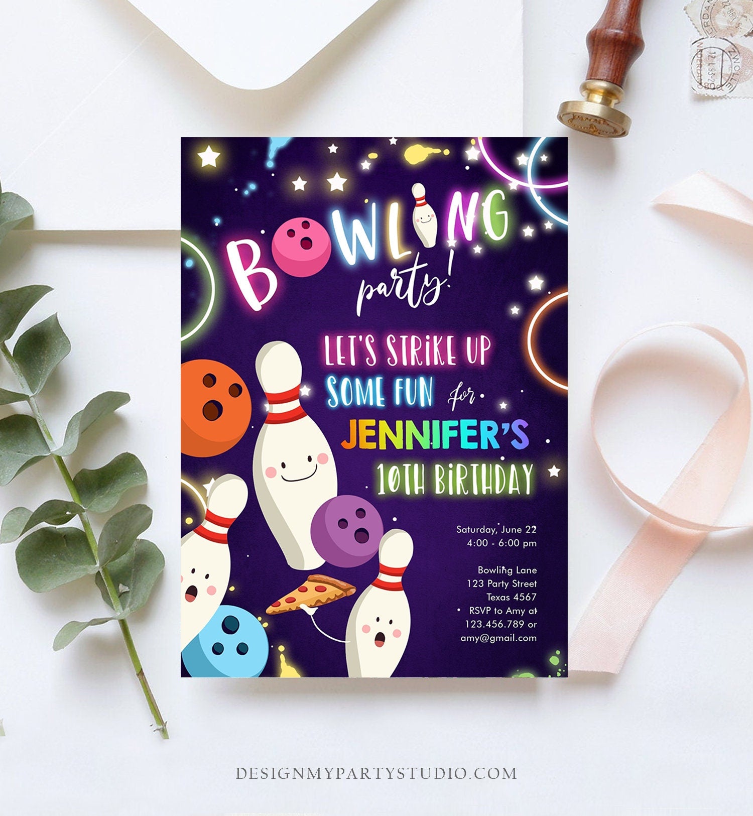 Editable Bowling Birthday Invitation Strike Up Some Fun Bowling Party Girl Pizza Rainbow Neon Instant Download Printable Template Corjl 0172