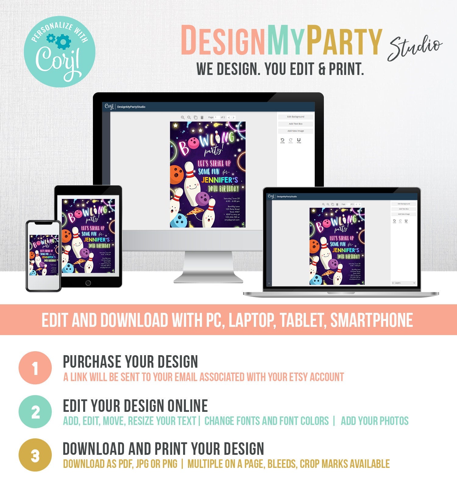 Editable Bowling Birthday Invitation Strike Up Some Fun Bowling Party Girl Pizza Rainbow Neon Instant Download Printable Template Corjl 0172