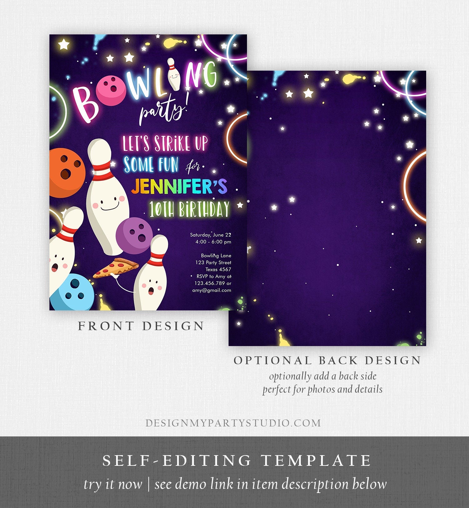 Editable Bowling Birthday Invitation Strike Up Some Fun Bowling Party Girl Pizza Rainbow Neon Instant Download Printable Template Corjl 0172