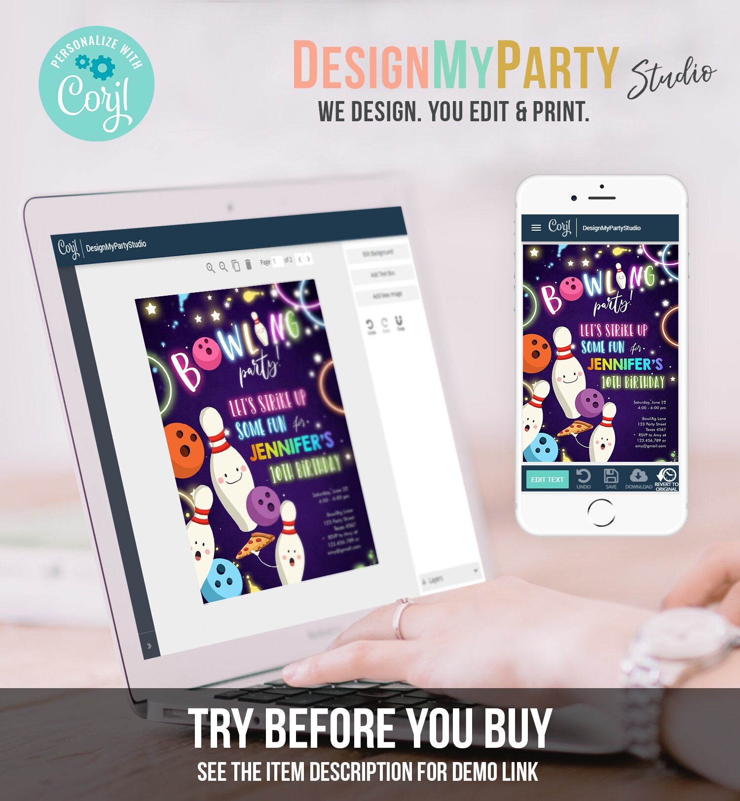 Editable Bowling Birthday Invitation Strike Up Some Fun Bowling Party Girl Pizza Rainbow Neon Instant Download Printable Template Corjl 0172