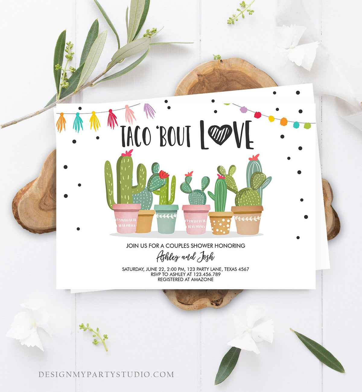 Editable Taco Bout Love Couples Shower Invitation Fiesta Cactus Succulent Mexican Green Pink Digital Download Corjl Template Printable 0254