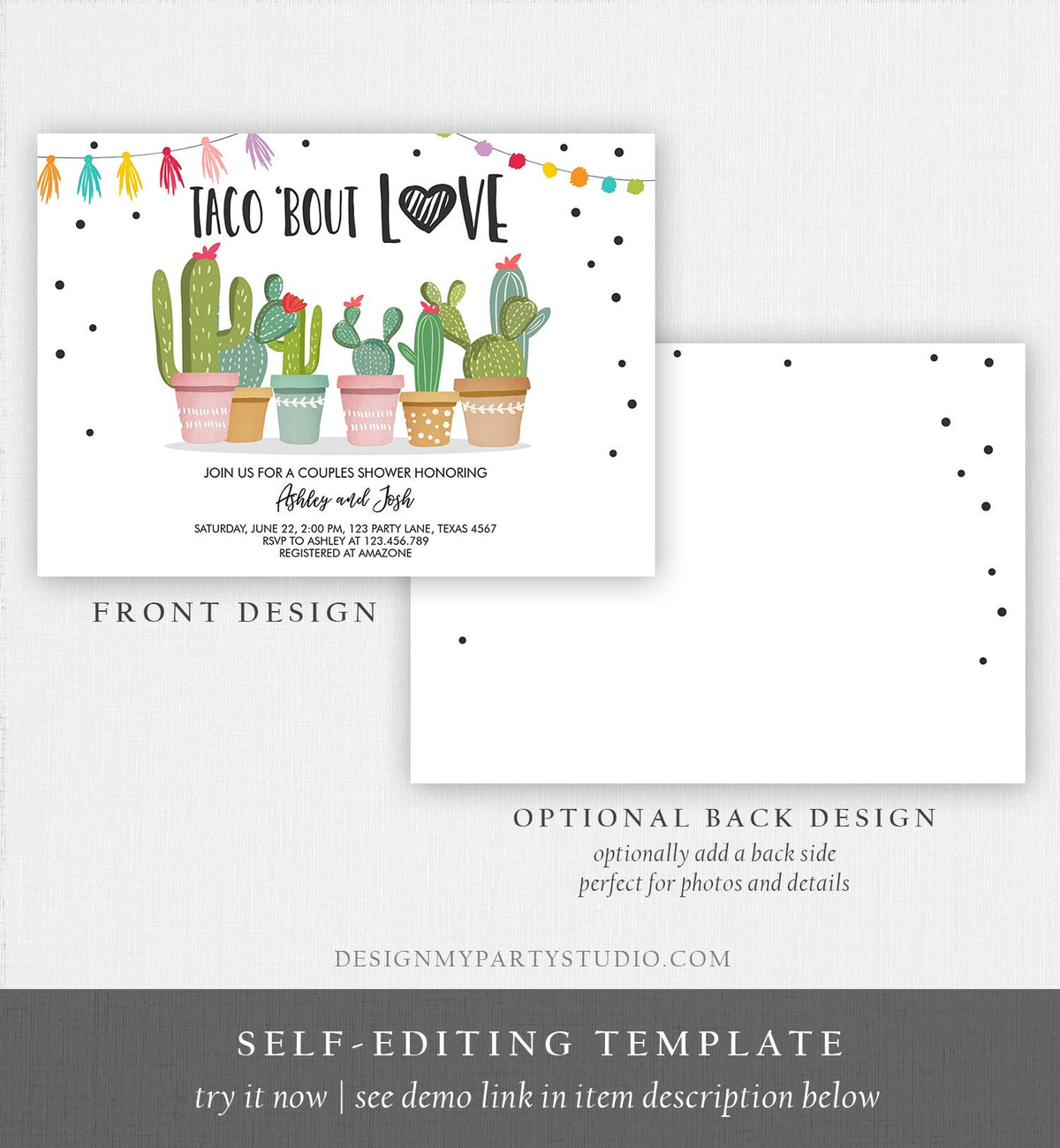 Editable Taco Bout Love Couples Shower Invitation Fiesta Cactus Succulent Mexican Green Pink Digital Download Corjl Template Printable 0254