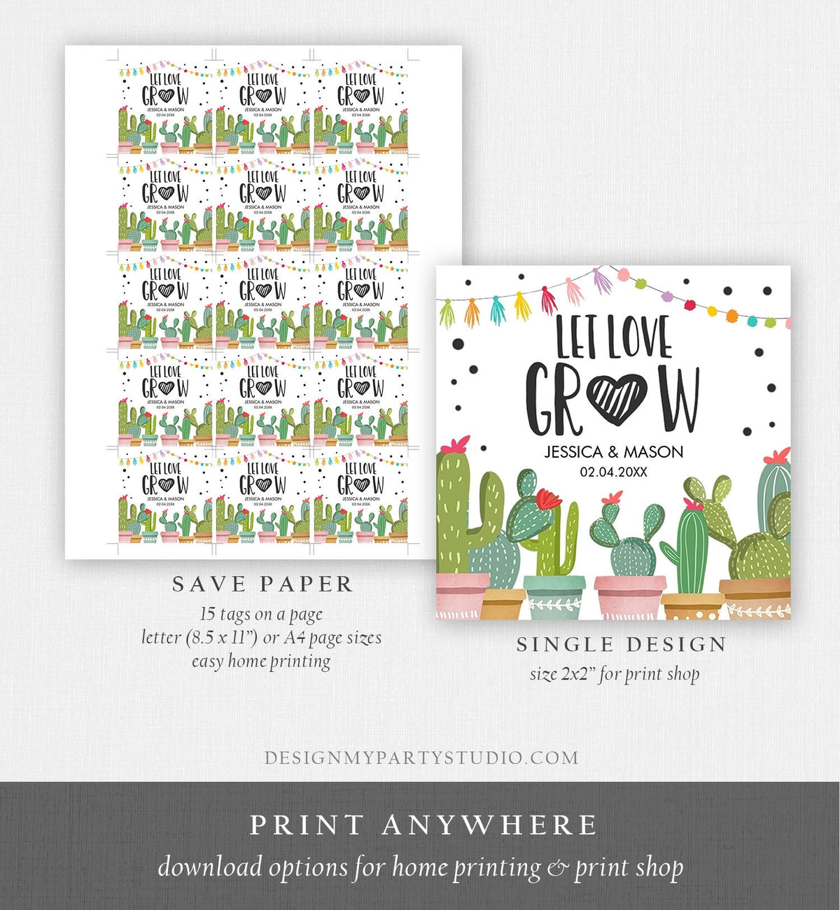 Editable Let Love Grow Tags Fiesta Bridal Shower Favor Tags Wedding Succulent Cactus Taco Bout Love Tag Baby Digital Template Printable 0254