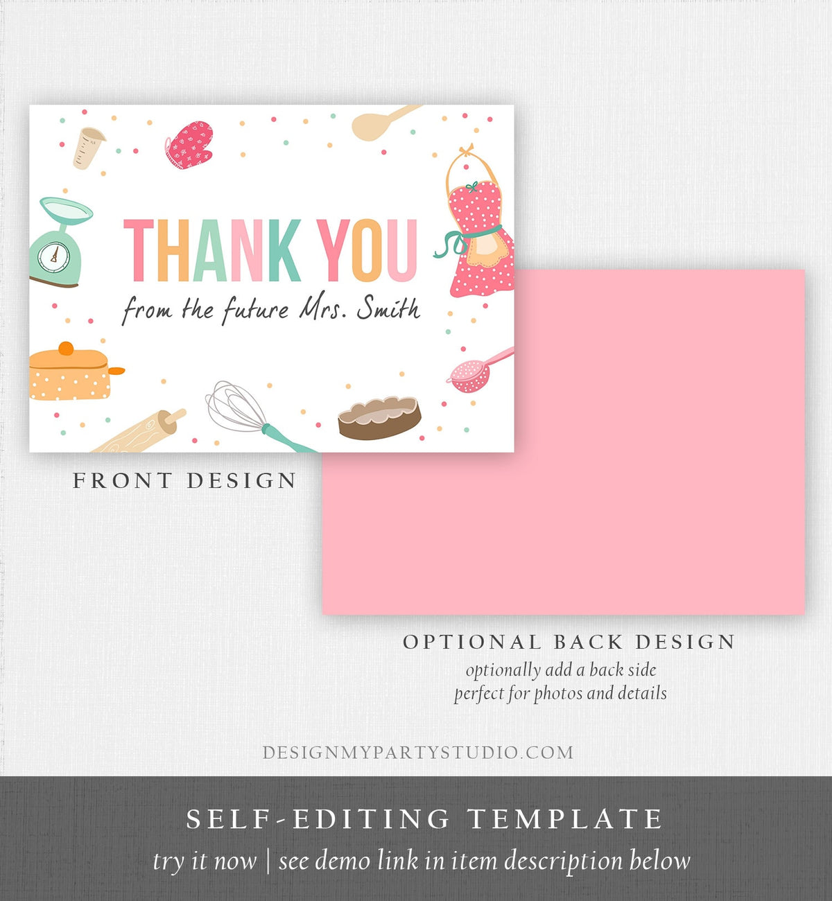 Editable Thank You Card Kitchen Bridal Shower Cooking Birthday Baking Little Chef Girl Thank You Note Printable Template Download Corjl 0219