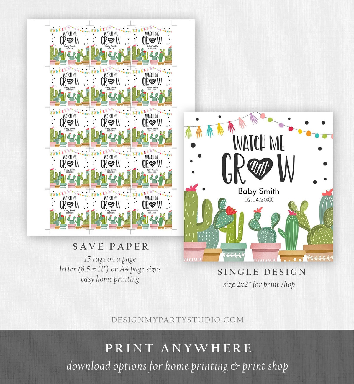 Editable Watch Me Grow Tag Fiesta Cactus Favor Thank You Baby Shower Bridal Succulent Taco Bout Love Digital Template Printable 0254