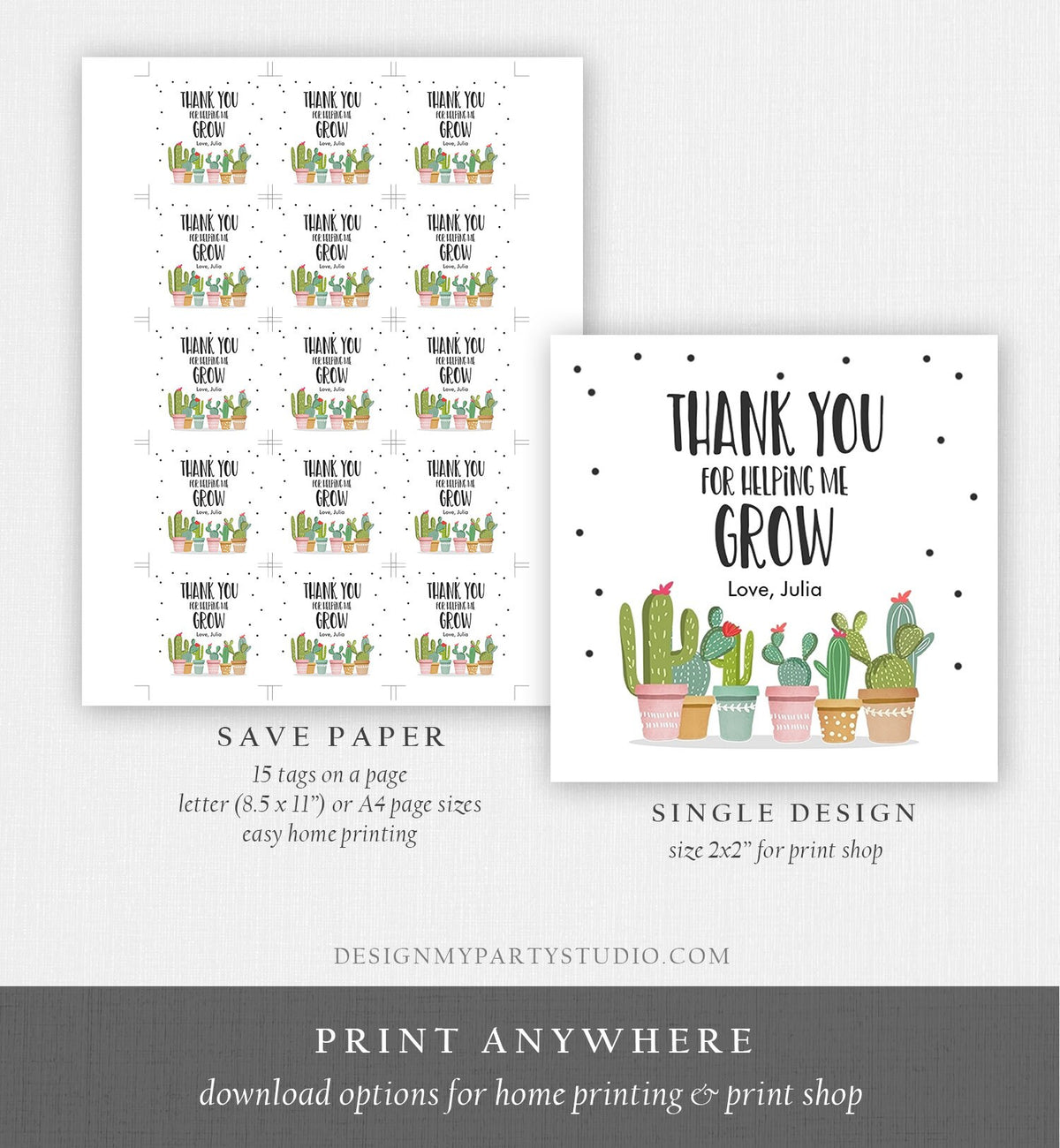 Editable Teacher Appreciation Favor Tag Thank You for Helping me Grow Succulent Fiesta Cactus Teacher Tag Digital Template Printable 0464
