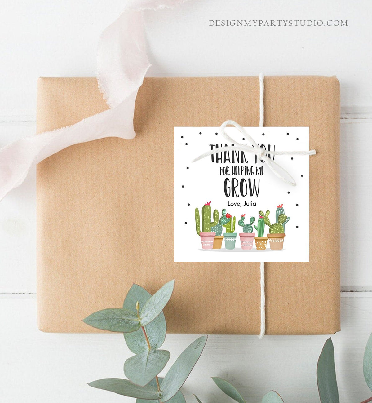 Editable Teacher Appreciation Favor Tag Thank You for Helping me Grow Succulent Fiesta Cactus Teacher Tag Digital Template Printable 0464
