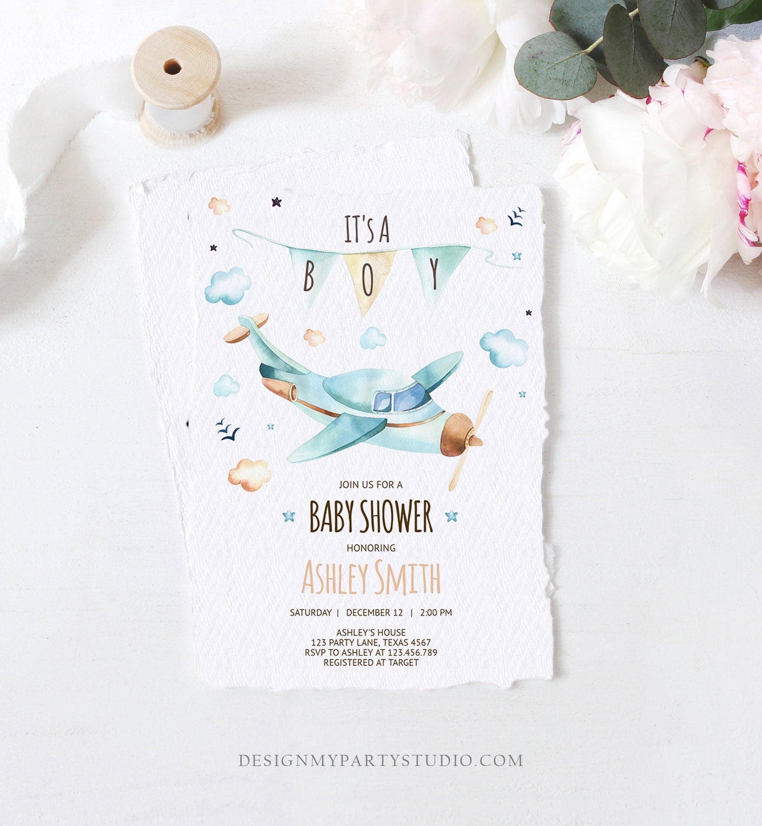 Editable Airplane Baby Shower Invitation Vintage Airplane Blue Adventure Boy Baby Shower Up Up and Away Template Digital Download Corjl 0185