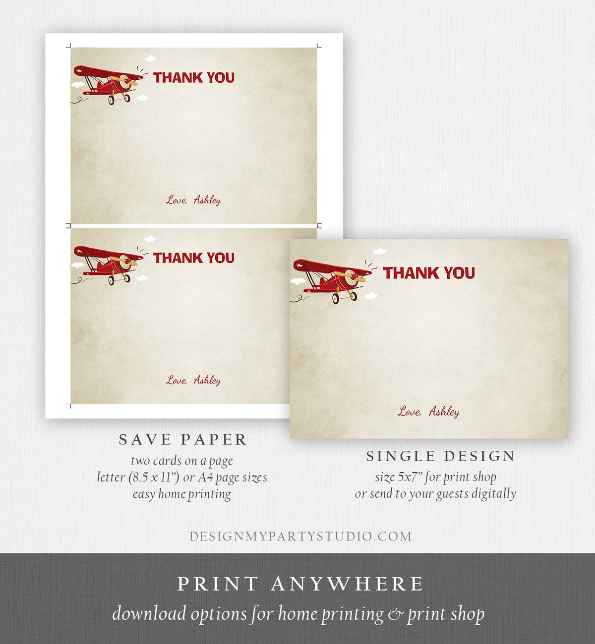 Editable Airplane Thank You Card Airplane Boy Birthday Baby Shower Thank You Note Vintage Airplane Adventure Travel Template Printable 0011