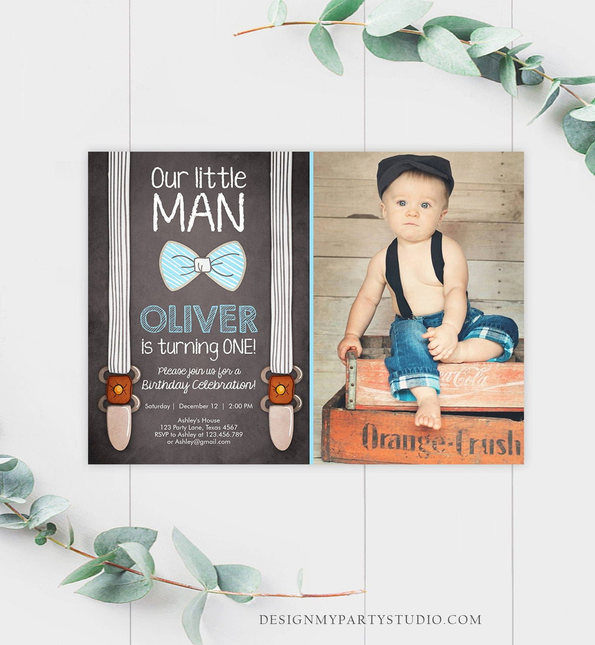 Editable Little Man Birthday Invitation Bow Tie Blue Boy 1st Birthday Suspenders Rustic Instant Download Printable Template Corjl 0063