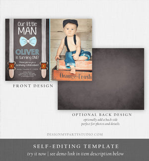 Editable Little Man Birthday Invitation Bow Tie Blue Boy 1st Birthday Suspenders Rustic Instant Download Printable Template Corjl 0063