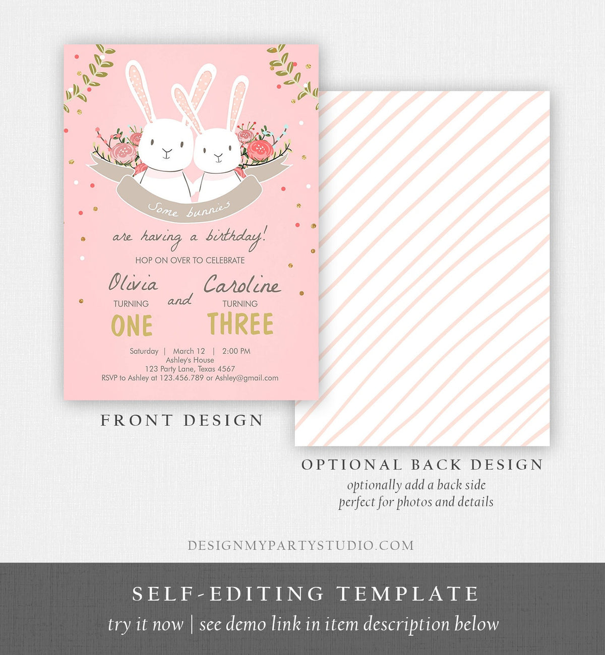 Editable Bunny Birthday Invitation Twins Birthday Pink Gold Twin Birthday Sisters Bunnies Digital Download Template Printable 0104