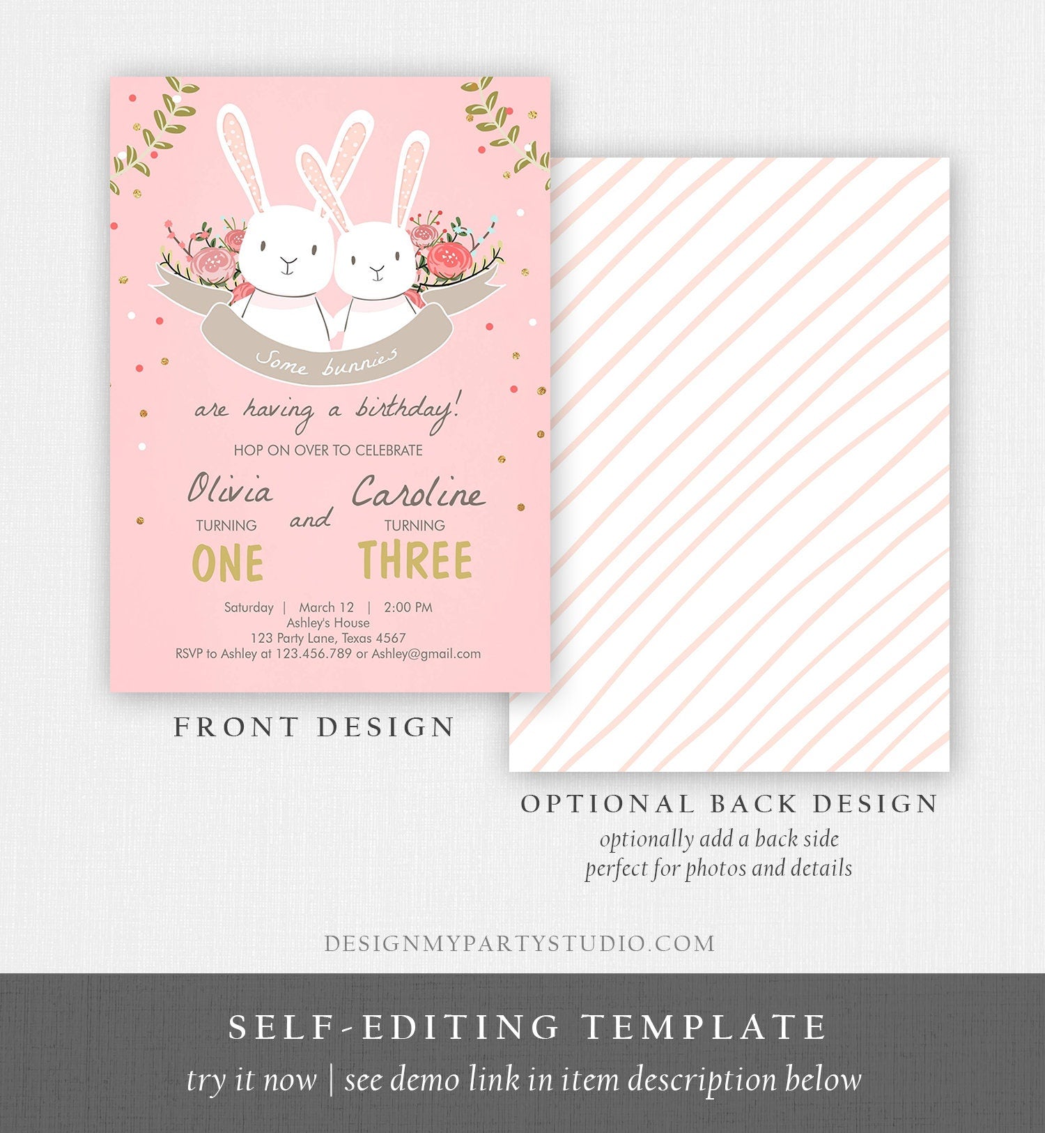 Editable Bunny Birthday Invitation Twins Birthday Pink Gold Twin Birthday Sisters Bunnies Digital Download Template Printable 0104