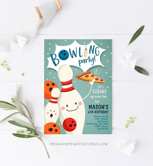 Editable Bowling Birthday Invitation Strike Up Some Fun Boy Bowling Party Pizza Blue Orange Instant Download Printable Template Corjl 0324