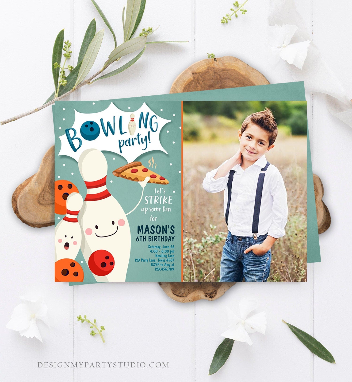 Editable Bowling Birthday Invitation Strike Up Some Fun Boy Bowling Party Pizza Blue Orange Instant Download Printable Template Corjl 0324