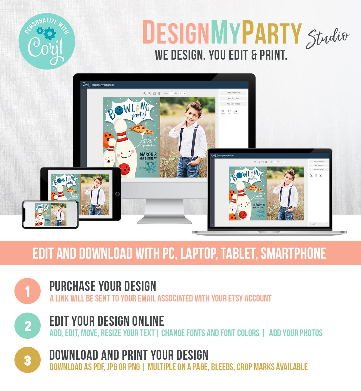 Editable Bowling Birthday Invitation Strike Up Some Fun Boy Bowling Party Pizza Blue Orange Instant Download Printable Template Corjl 0324