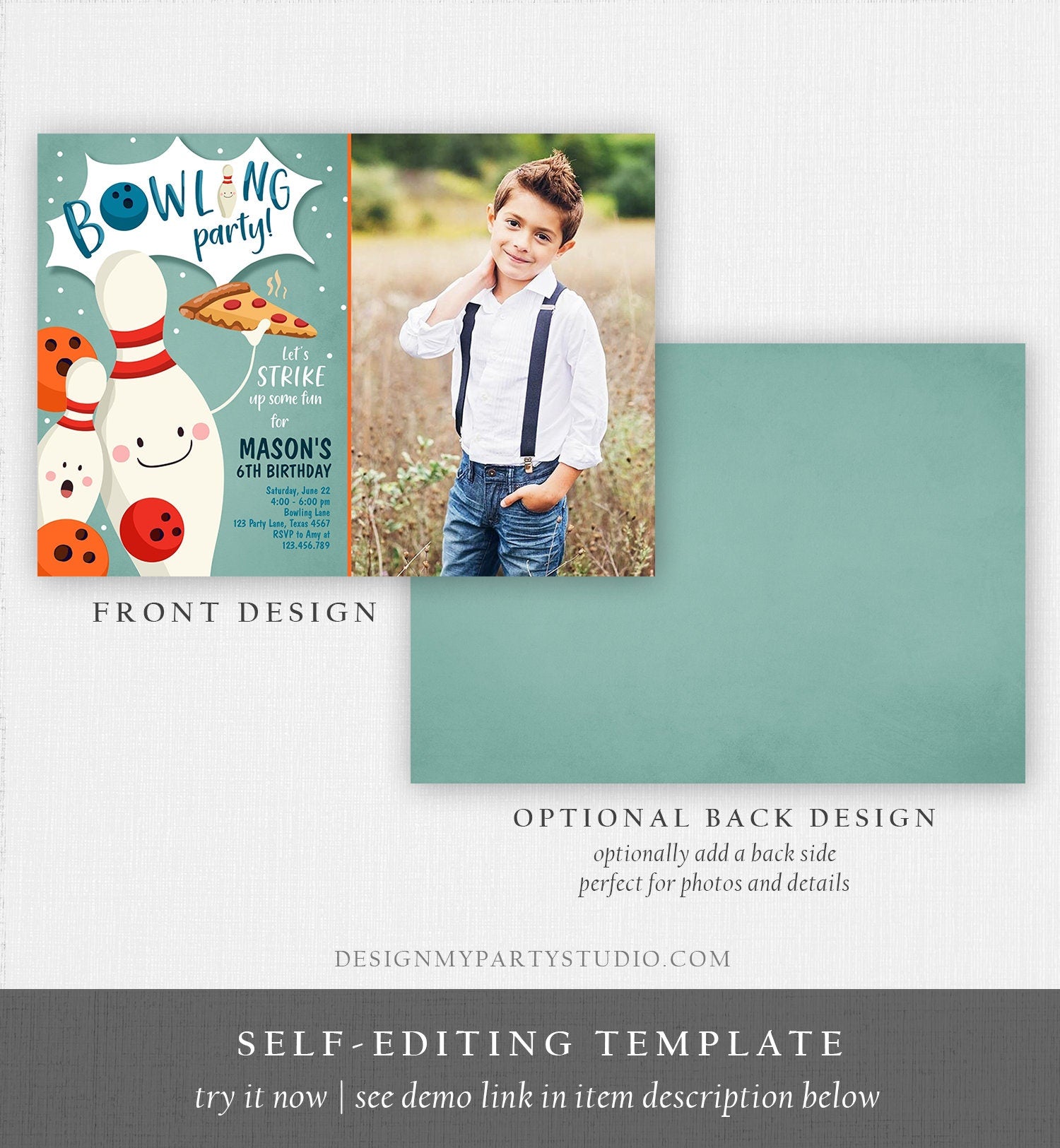 Editable Bowling Birthday Invitation Strike Up Some Fun Boy Bowling Party Pizza Blue Orange Instant Download Printable Template Corjl 0324