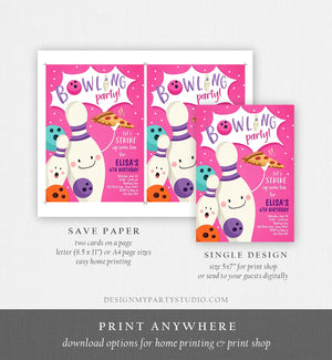 Editable Bowling Birthday Invitation Strike Up Some Fun Girl Bowling Party Pizza Pink Purple Instant Download Printable Template Corjl 0324
