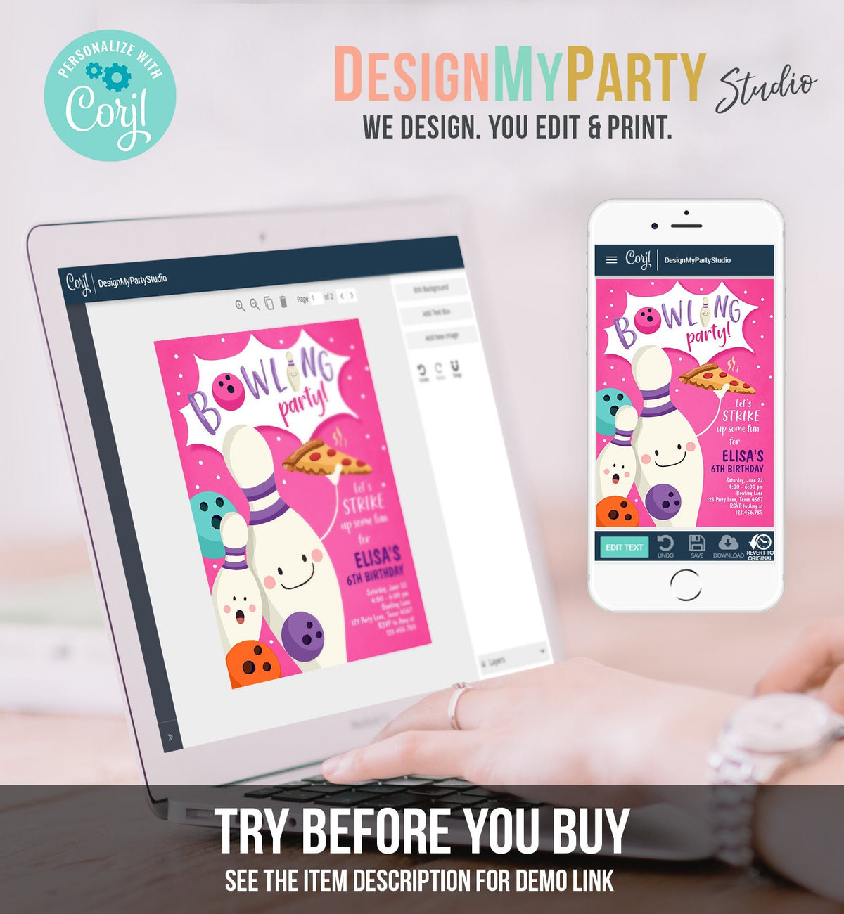 Editable Bowling Birthday Invitation Strike Up Some Fun Girl Bowling Party Pizza Pink Purple Instant Download Printable Template Corjl 0324