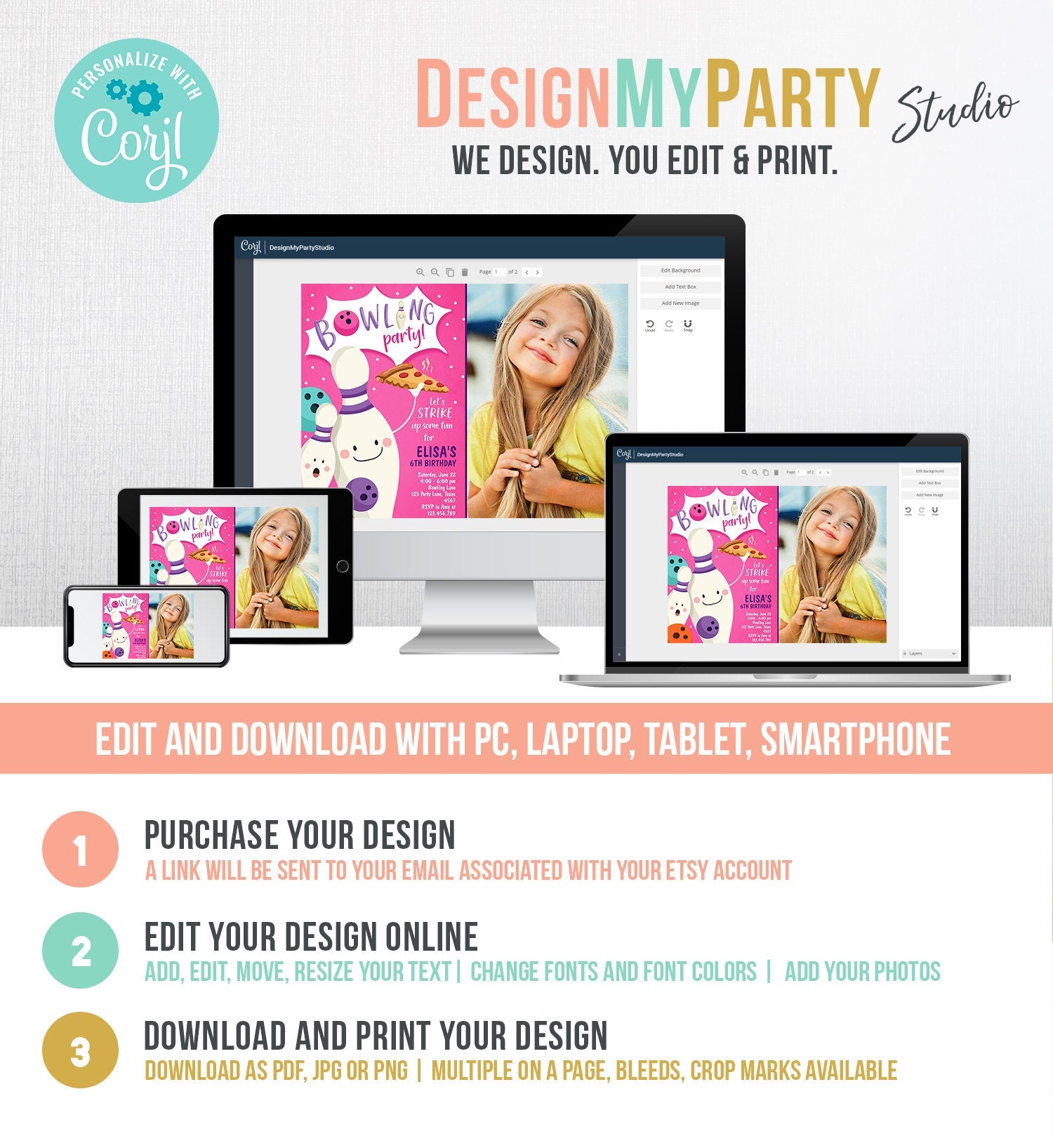 Editable Bowling Birthday Invitation Strike Up Some Fun Girl Bowling Party Pizza Pink Purple Digital Download Evite Template Printable 0324