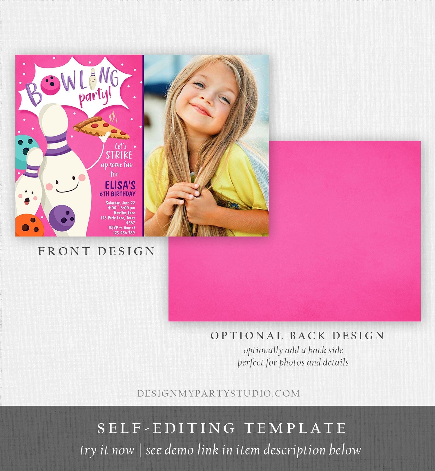 Editable Bowling Birthday Invitation Strike Up Some Fun Girl Bowling Party Pizza Pink Purple Digital Download Evite Template Printable 0324