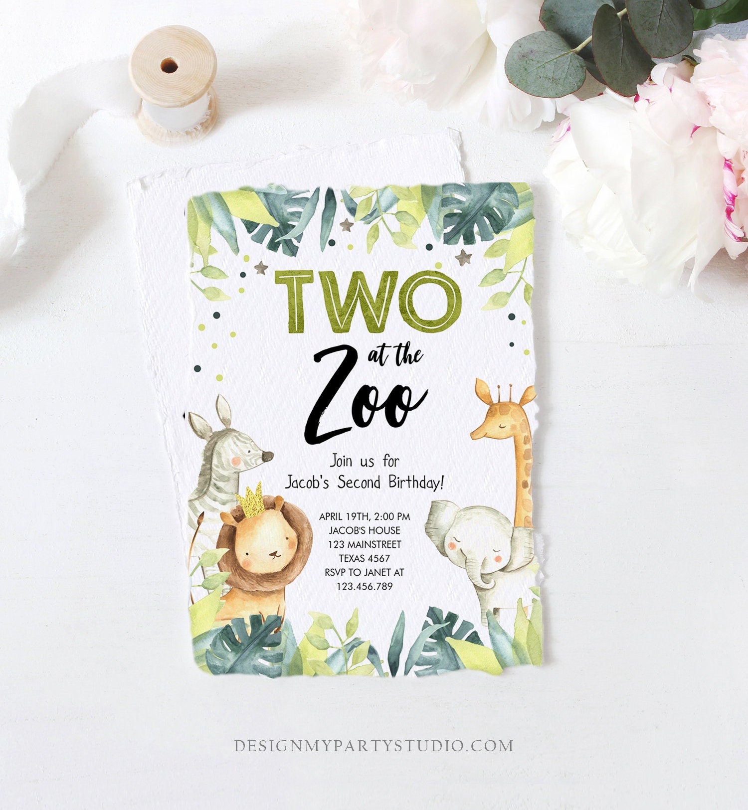 Editable Two in the Zoo Birthday Invitation Boy Second Birthday 2nd Safari Animals Party Jungle Green Gold Two Wild Corjl Template 0163