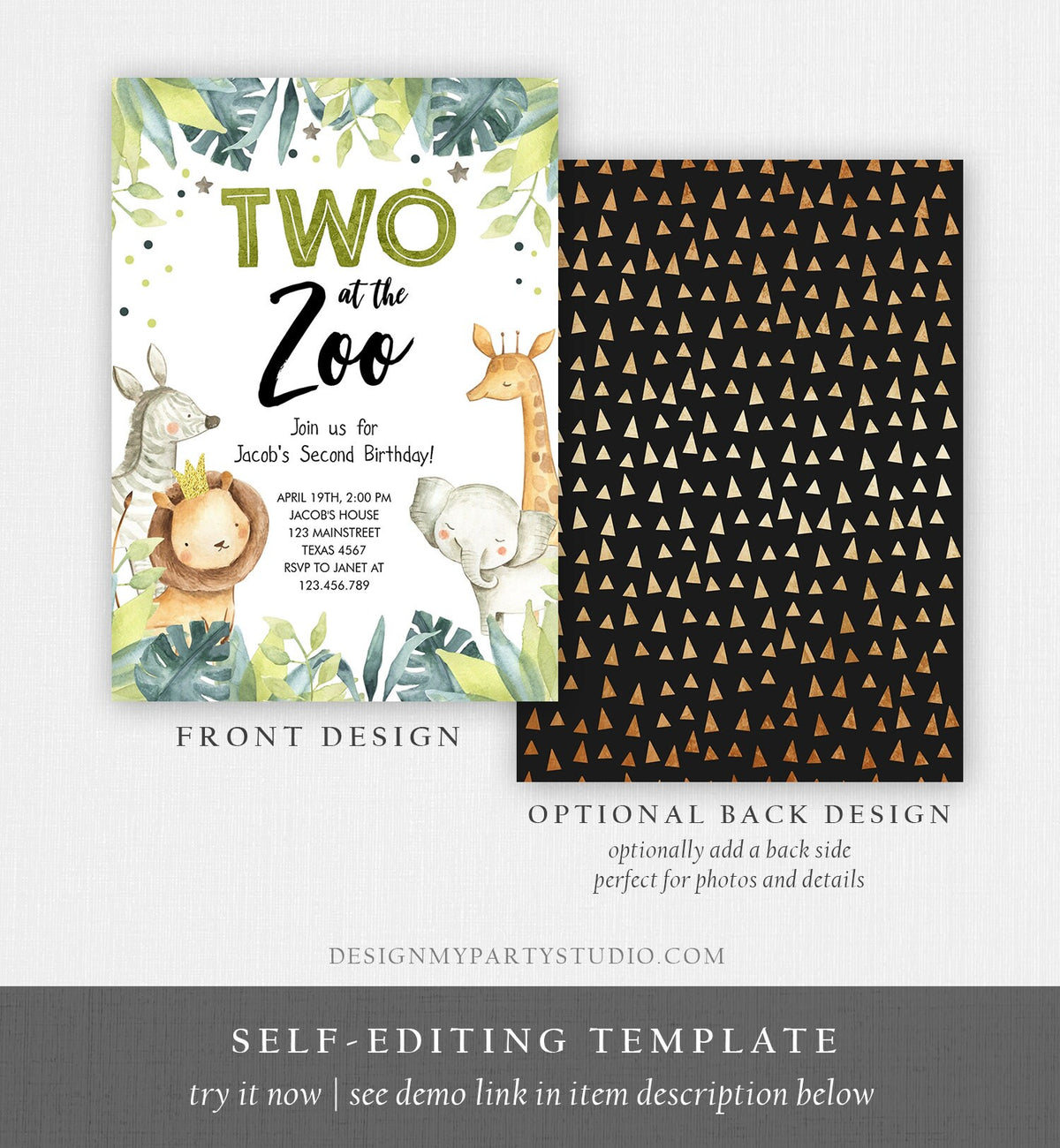 Editable Two in the Zoo Birthday Invitation Boy Second Birthday 2nd Safari Animals Party Jungle Green Gold Two Wild Corjl Template 0163