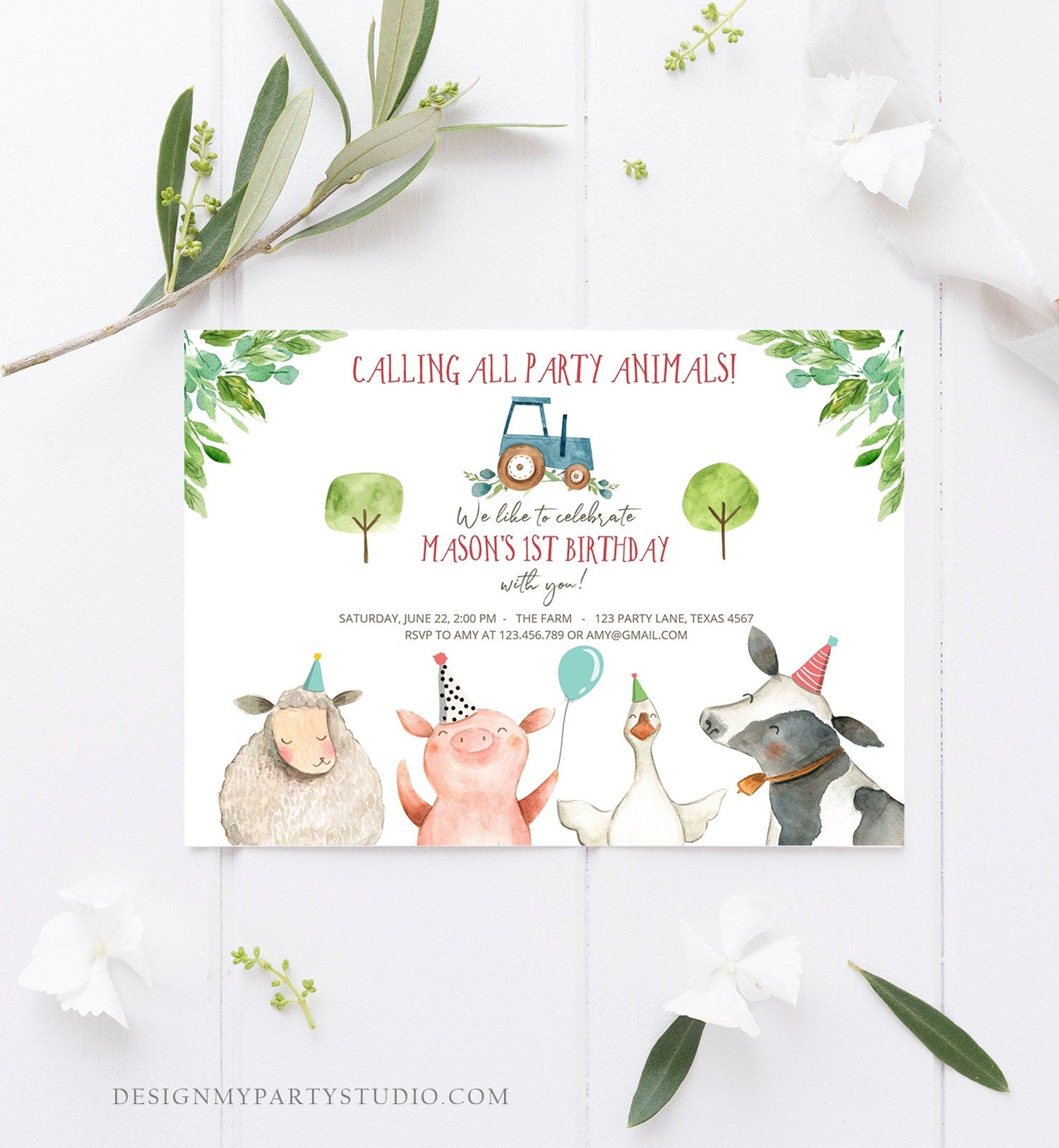 Editable Farm Birthday Invitation Boy Farm Animals Tractor Barnyard Barn Birthday Party Animals Digital Corjl Template Printable 0155