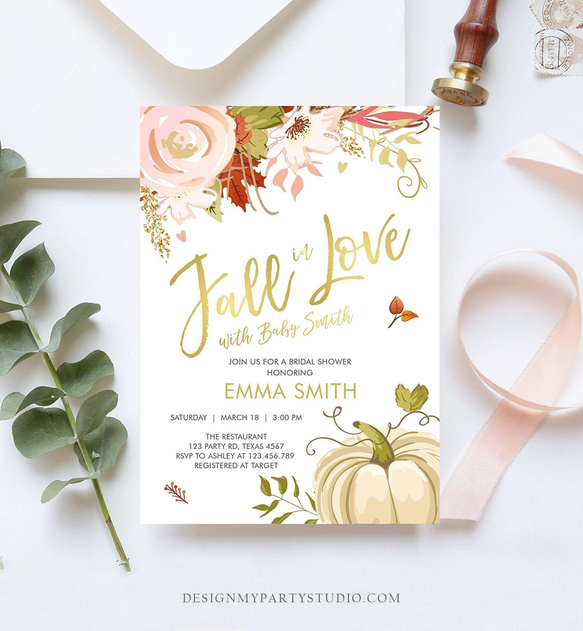 Editable Fall in Love Baby Shower Invitation Pumpkin Autumn Floral Flowers Pink Gold Rustic Party Sprinkle Coed Navy Corjl Template 0176