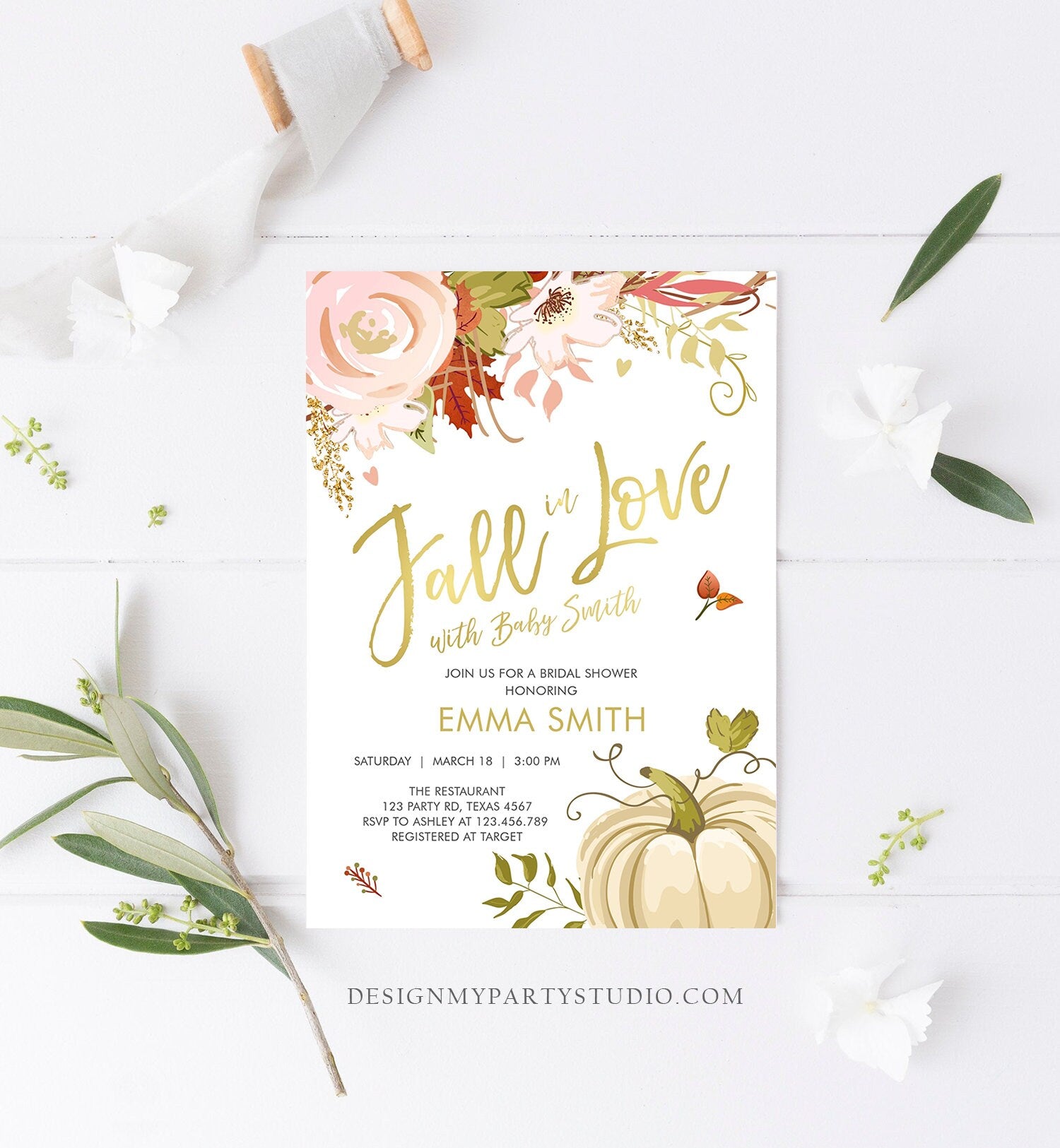 Editable Fall in Love Baby Shower Invitation Pumpkin Autumn Floral Flowers Pink Gold Rustic Party Sprinkle Coed Navy Corjl Template 0176