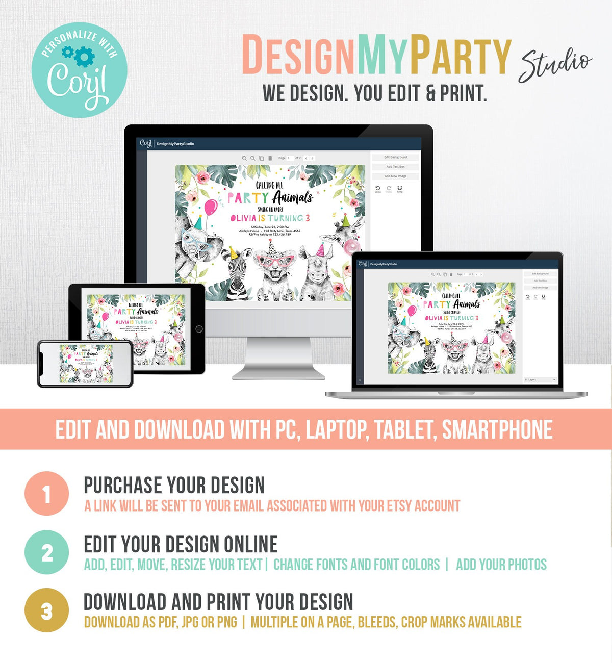 Editable Party Animals Birthday Invitation Wild One Animals Invitation Zoo Safari Animals Girl Digital Download Template Printable 0322