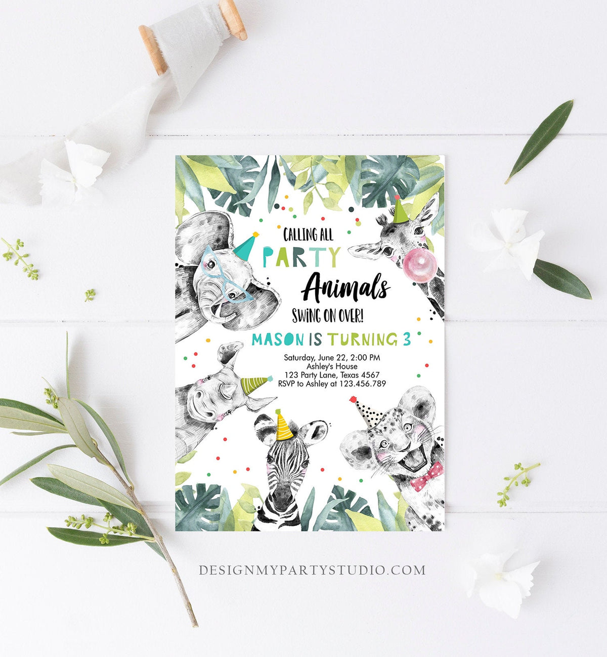 Editable Party Animals Birthday Invitation Wild One Animals Invitation Zoo Safari Animals Boy Download Printable Invite Evite Template 0322