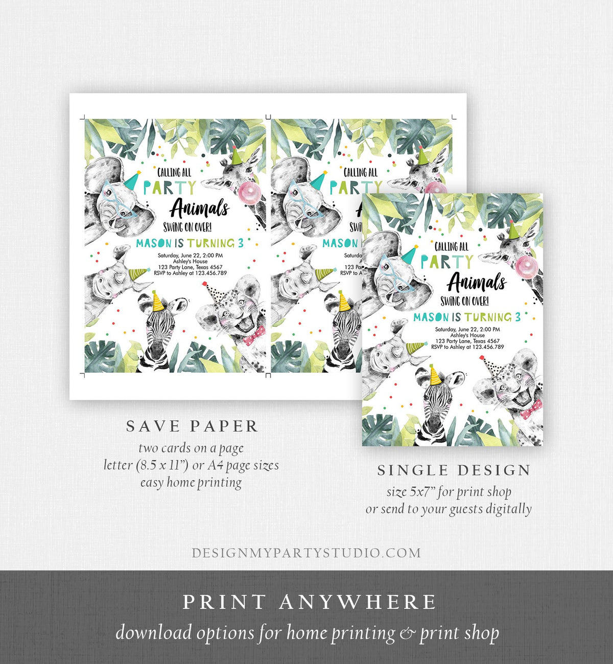 Editable Party Animals Birthday Invitation Wild One Animals Invitation Zoo Safari Animals Boy Download Printable Invite Evite Template 0322
