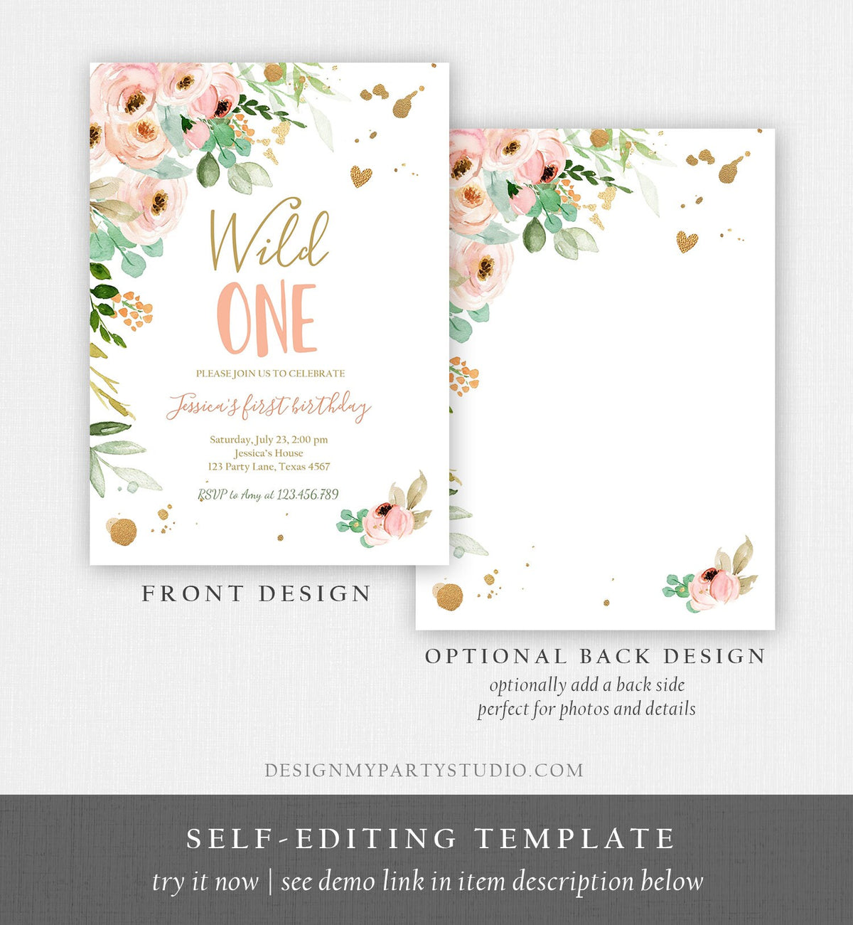 Editable Wild One Birthday Invitation 1st Birthday Girl Pink Gold Floral Miss Onederful Digital Download Evite Template Printable 0147