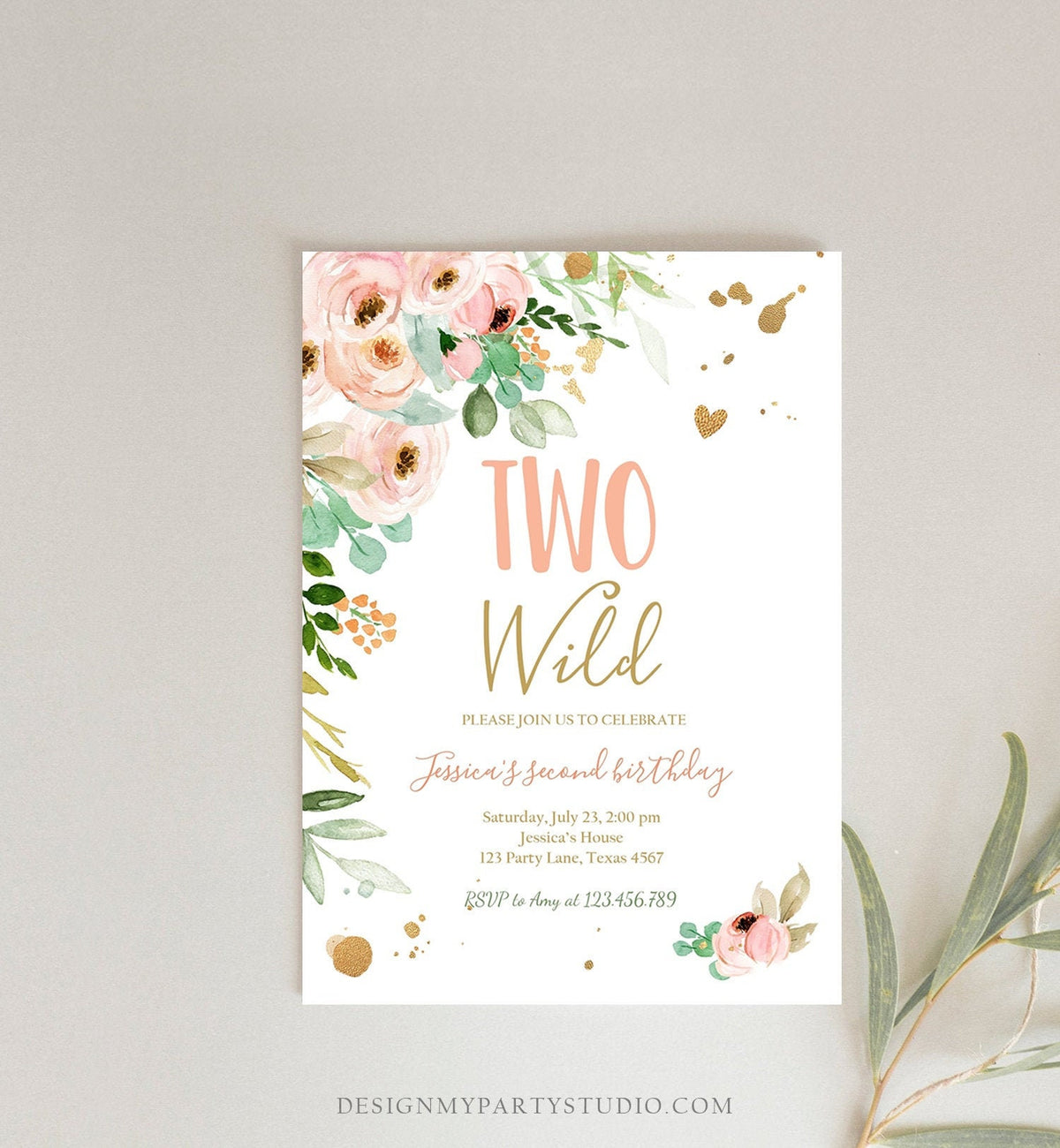 Editable Two Wild Birthday Invitation 2nd Birthday Girl Pink Gold Floral Second Birthday Wild Digital Download Evite Template Printable 0147