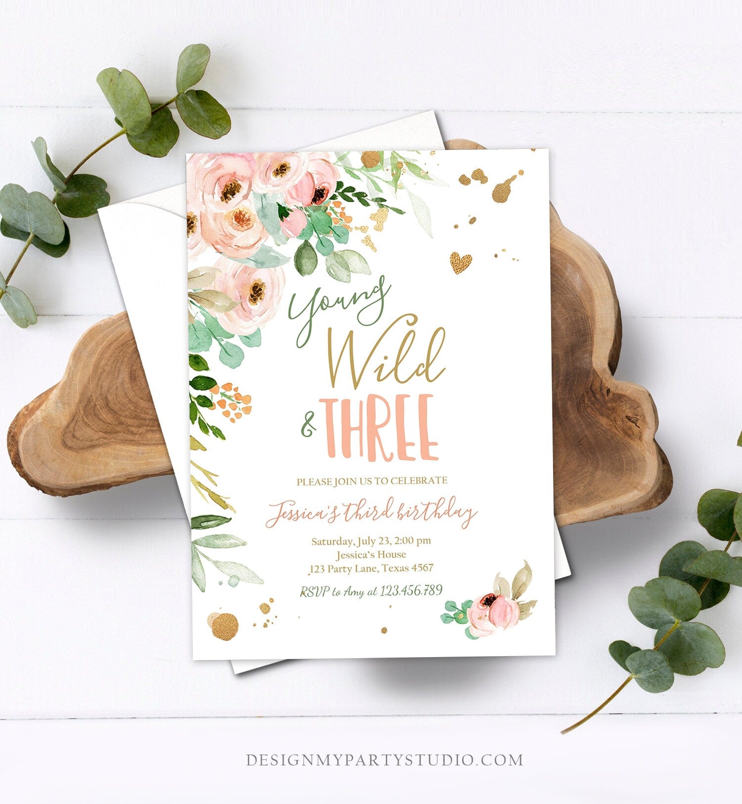 Editable Young Wild and Three Birthday Invitation 3rd Birthday Girl Pink Gold Floral Wild Download Printable Template Corjl Digital 0147