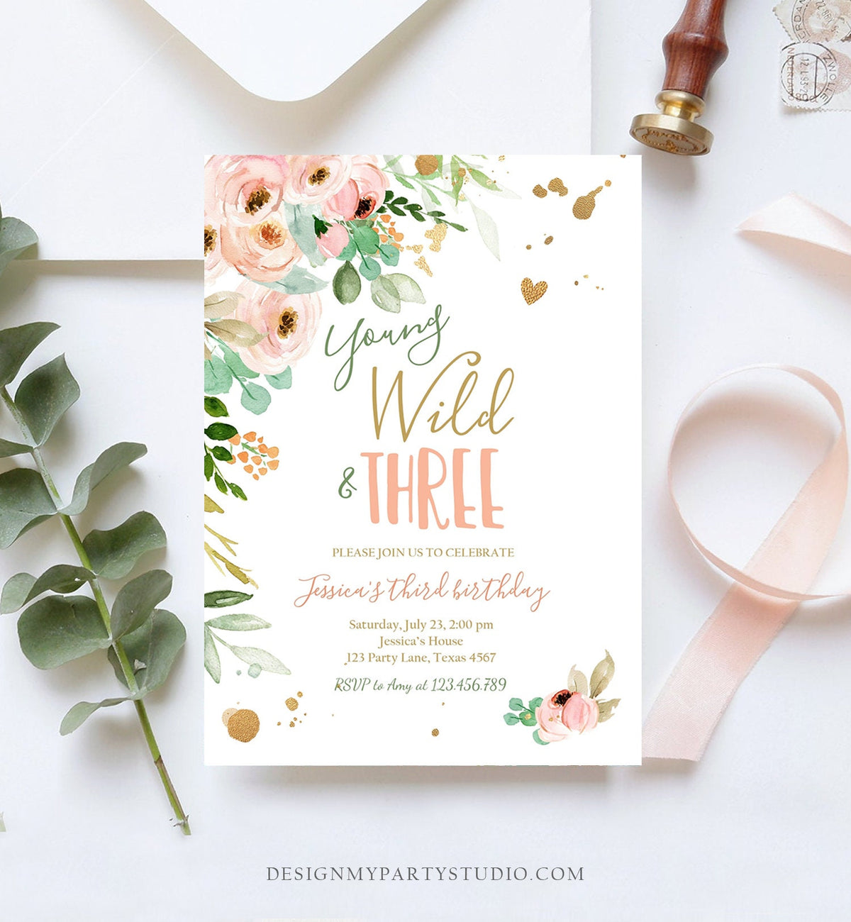 Editable Young Wild and Three Birthday Invitation 3rd Birthday Girl Pink Gold Floral Wild Download Printable Template Corjl Digital 0147