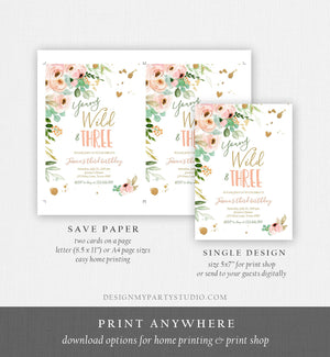 Editable Young Wild and Three Birthday Invitation 3rd Birthday Girl Pink Gold Floral Wild Download Printable Template Corjl Digital 0147