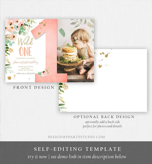 Editable Wild One Birthday Invitation 1st Birthday Girl Pink Gold Floral Miss Onederful Download Printable Template Corjl Digital 0147