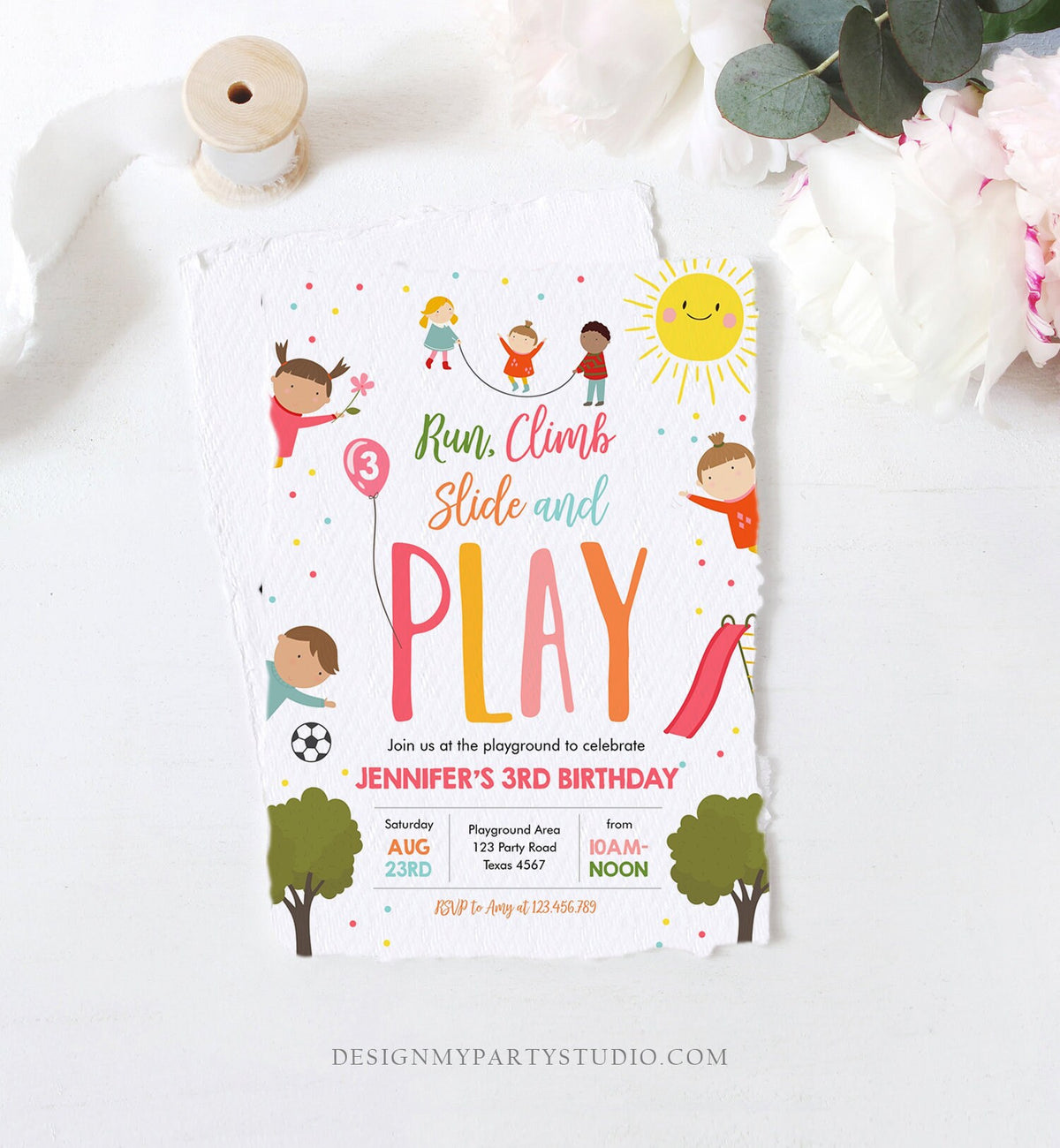 Editable Playground Birthday Invitation Party In The Park Girl Pink Run Climb Slide and Play Digital Download Evite Template Printable 0327