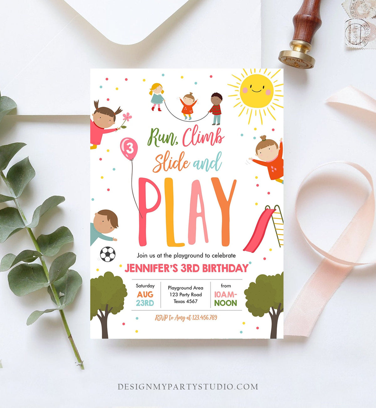 Editable Playground Birthday Invitation Party In The Park Girl Pink Run Climb Slide and Play Digital Download Evite Template Printable 0327