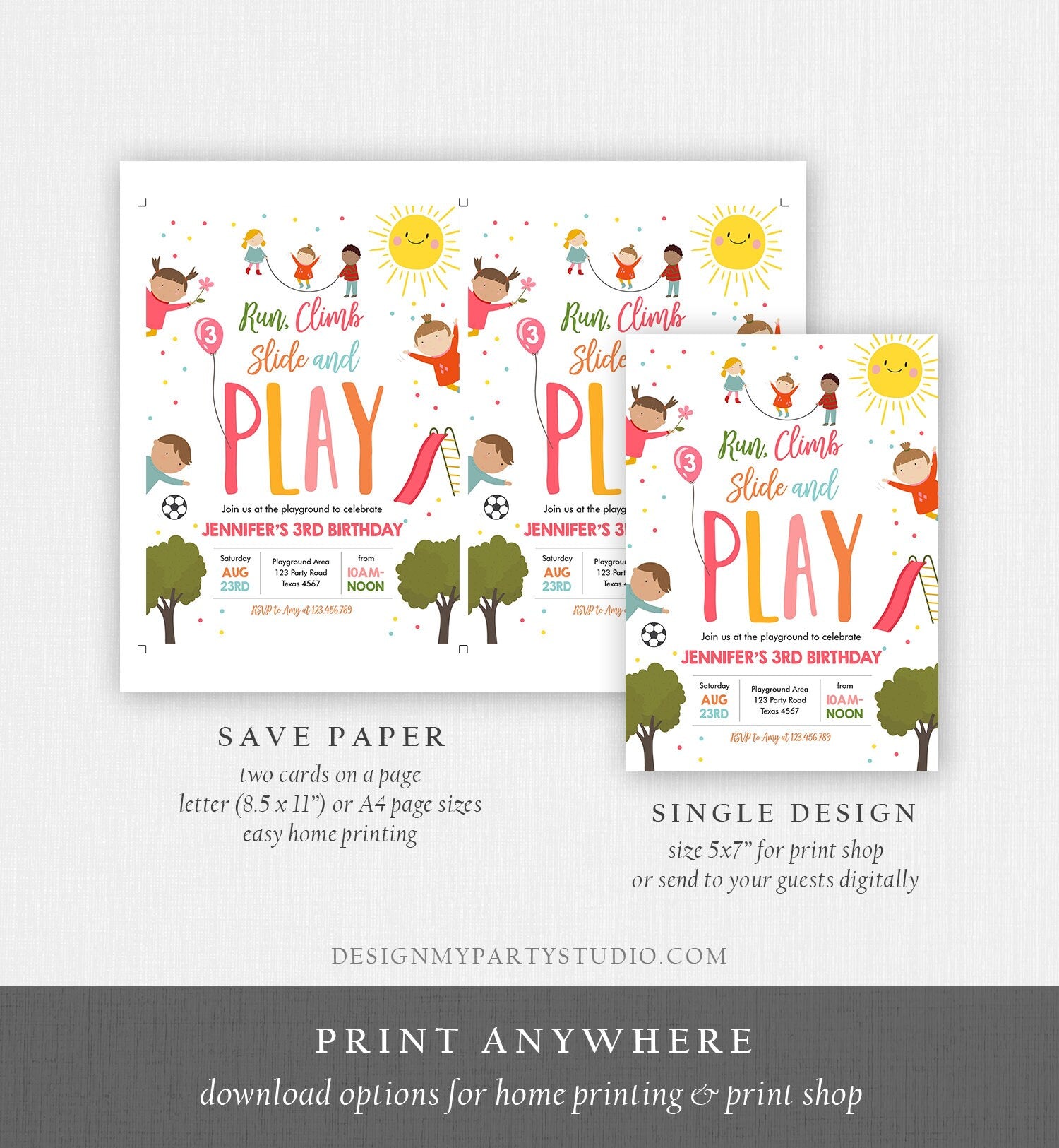 Editable Playground Birthday Invitation Party In The Park Girl Pink Run Climb Slide and Play Digital Download Evite Template Printable 0327
