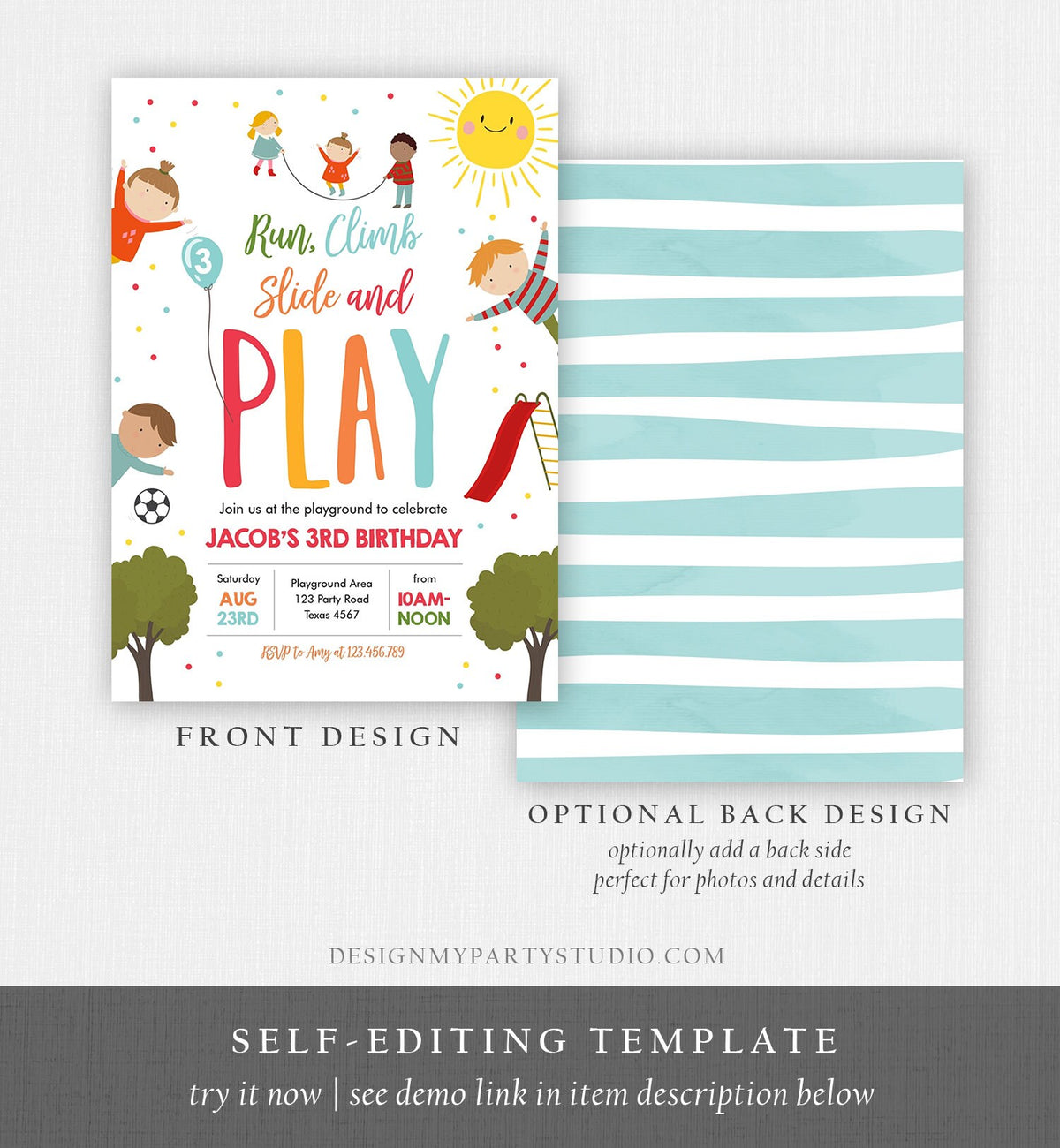 Editable Playground Birthday Invitation Party In The Park Boy Blue Run Climb Slide and Play Download Printable Template Corjl Digital 0327