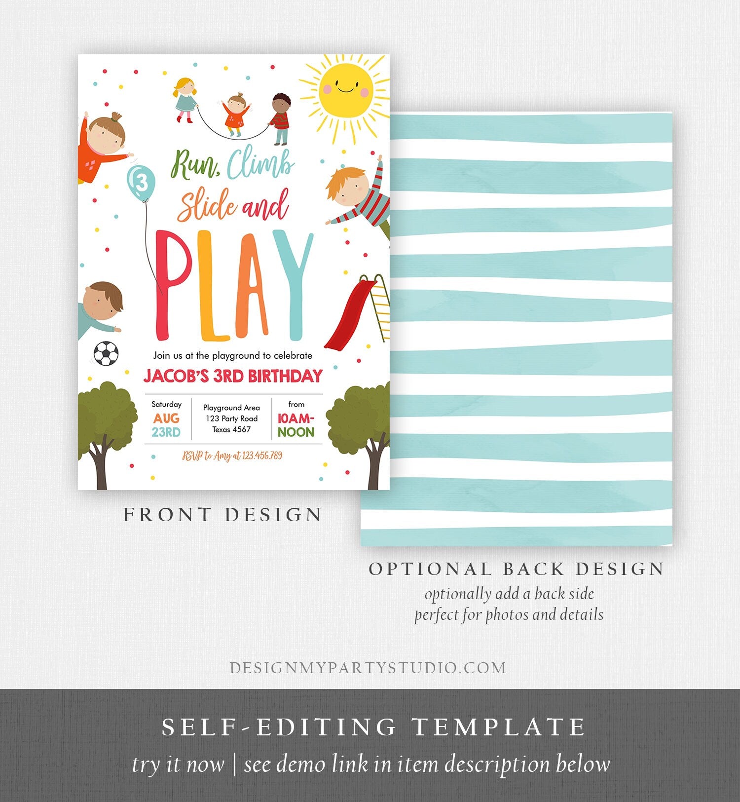 Editable Playground Birthday Invitation Party In The Park Boy Blue Run Climb Slide and Play Download Printable Template Corjl Digital 0327